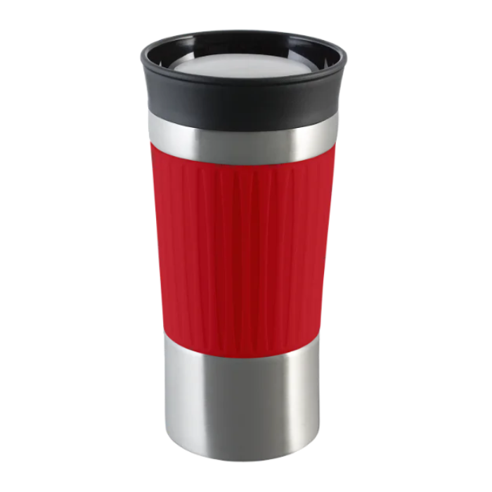 Silver myKINGSTON Thermo Mug with Red silicone grip sleeve
