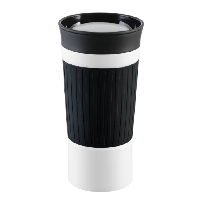 White myKINGSTON Thermo Mug with Black silicone grip sleeve