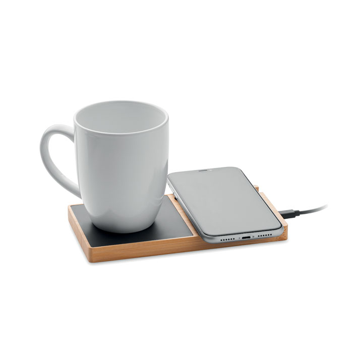 Wireless charger in bamboo including a mug warmer and phone stand with mug and phone charging