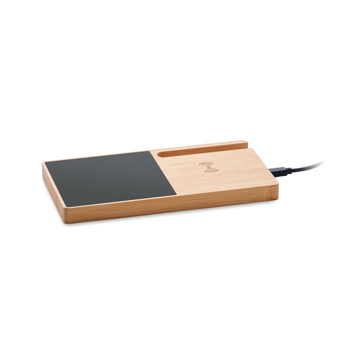 Wireless charger in bamboo including a mug warmer and phone stand