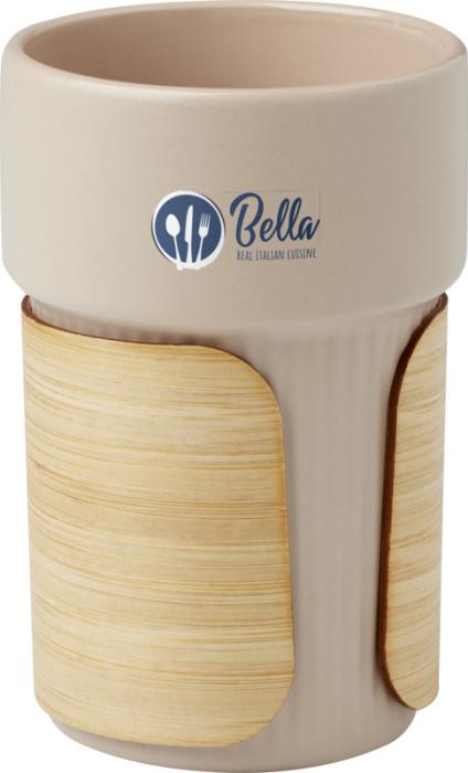 Oatmeal Fika 340 ml tumbler with bamboo sleeve and print