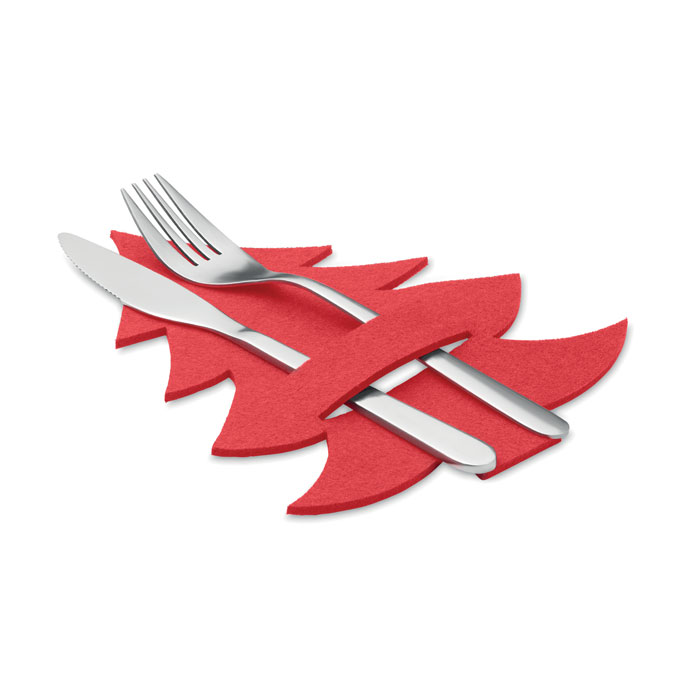Red RPET felt cutlery holders in use