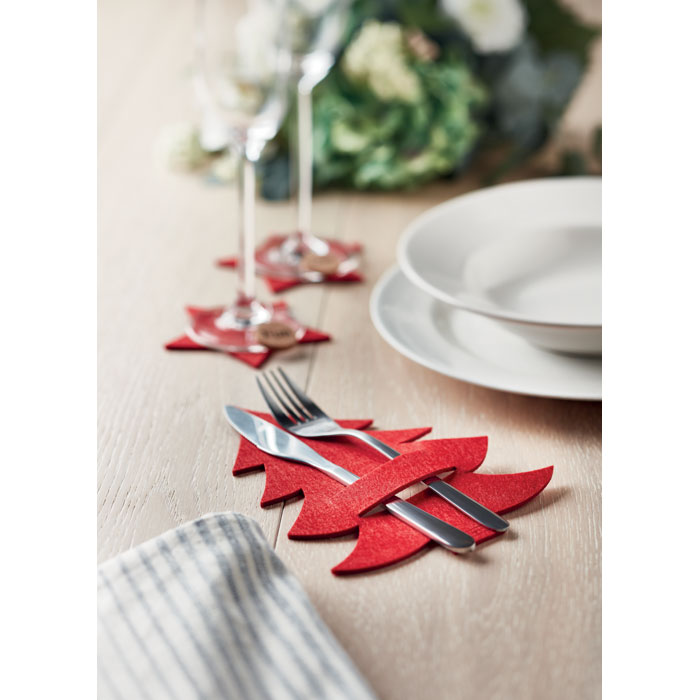 Red RPET felt cutlery holders in use	