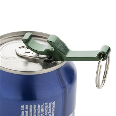 Green Recycled Aluminum Bottle & Can Opener in use on a can