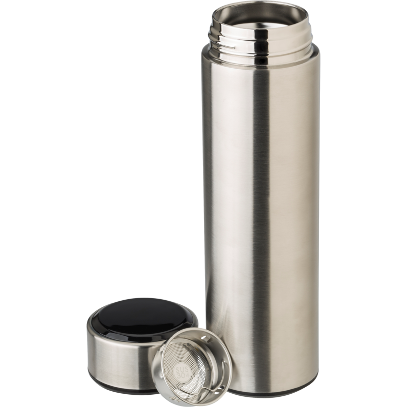 Silver Stainless steel thermos bottle with LED display with components separated