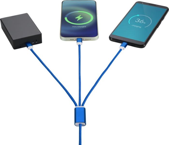 Blue 5-in-1 charging cable in use