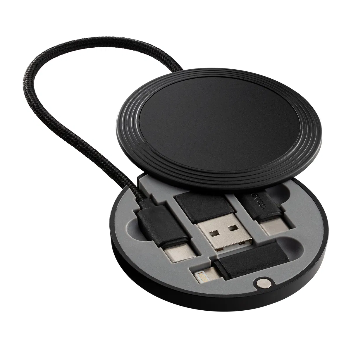 Black 4-in-1 charging cable in compact case