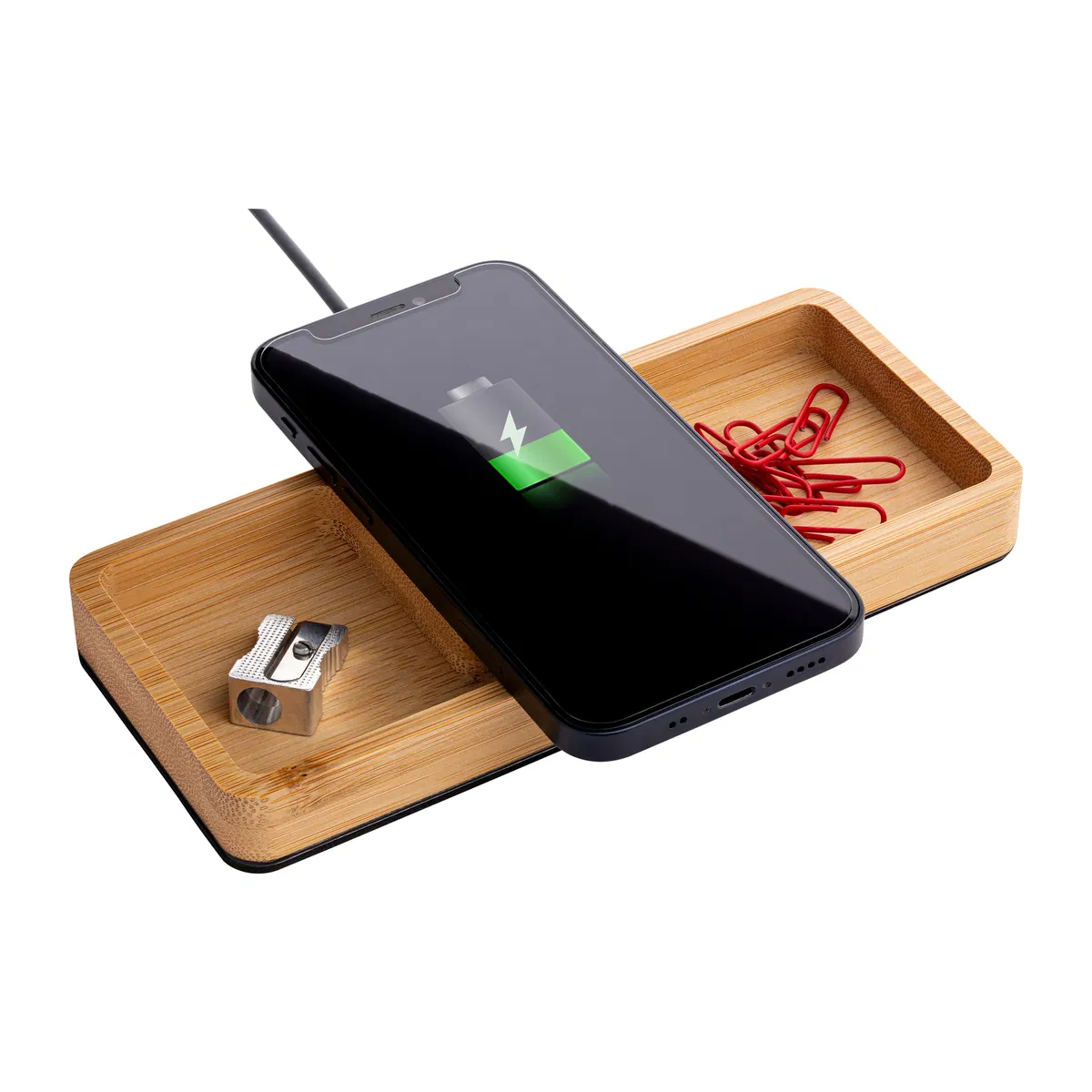 Bamboo Wireless Charger Desktop Organiser in use