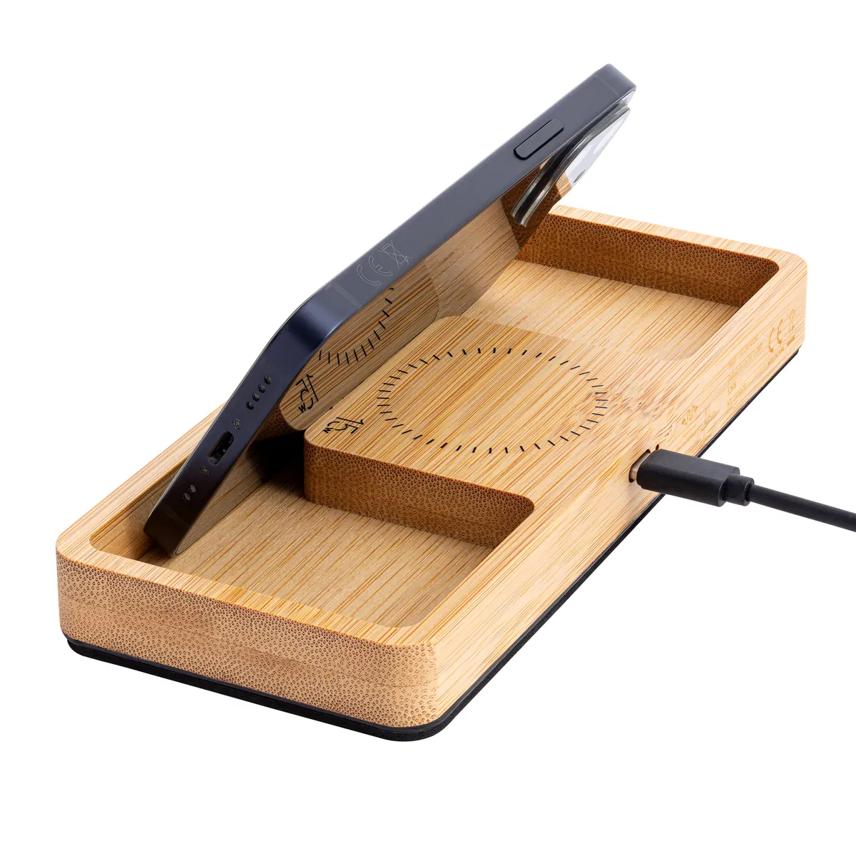 Bamboo Wireless Charger Desktop Organiser in use