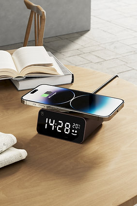 Recycled Aluminium Wireless Charging Alarm Clock in use