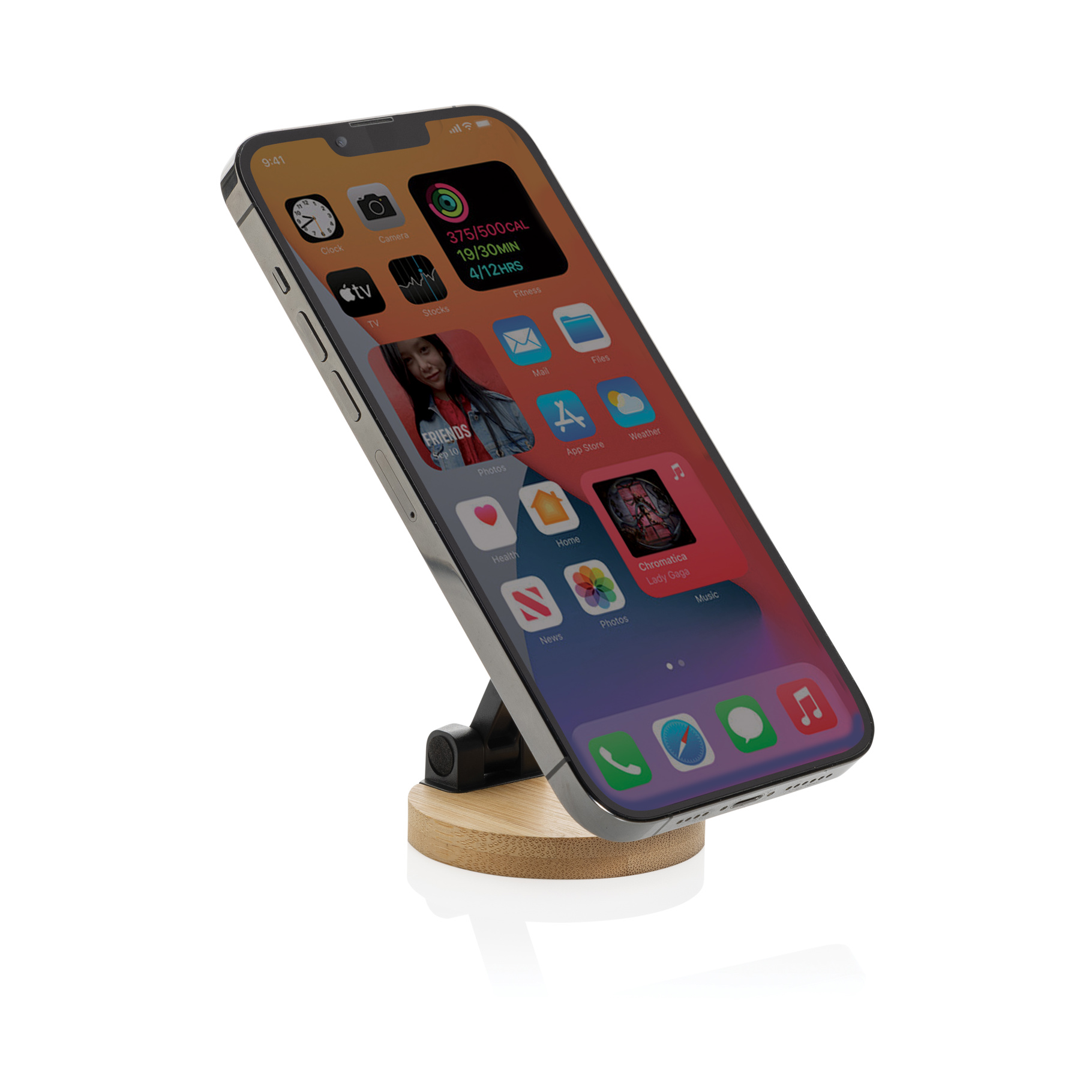 Magmount recycled bamboo and plastic phone stand in use