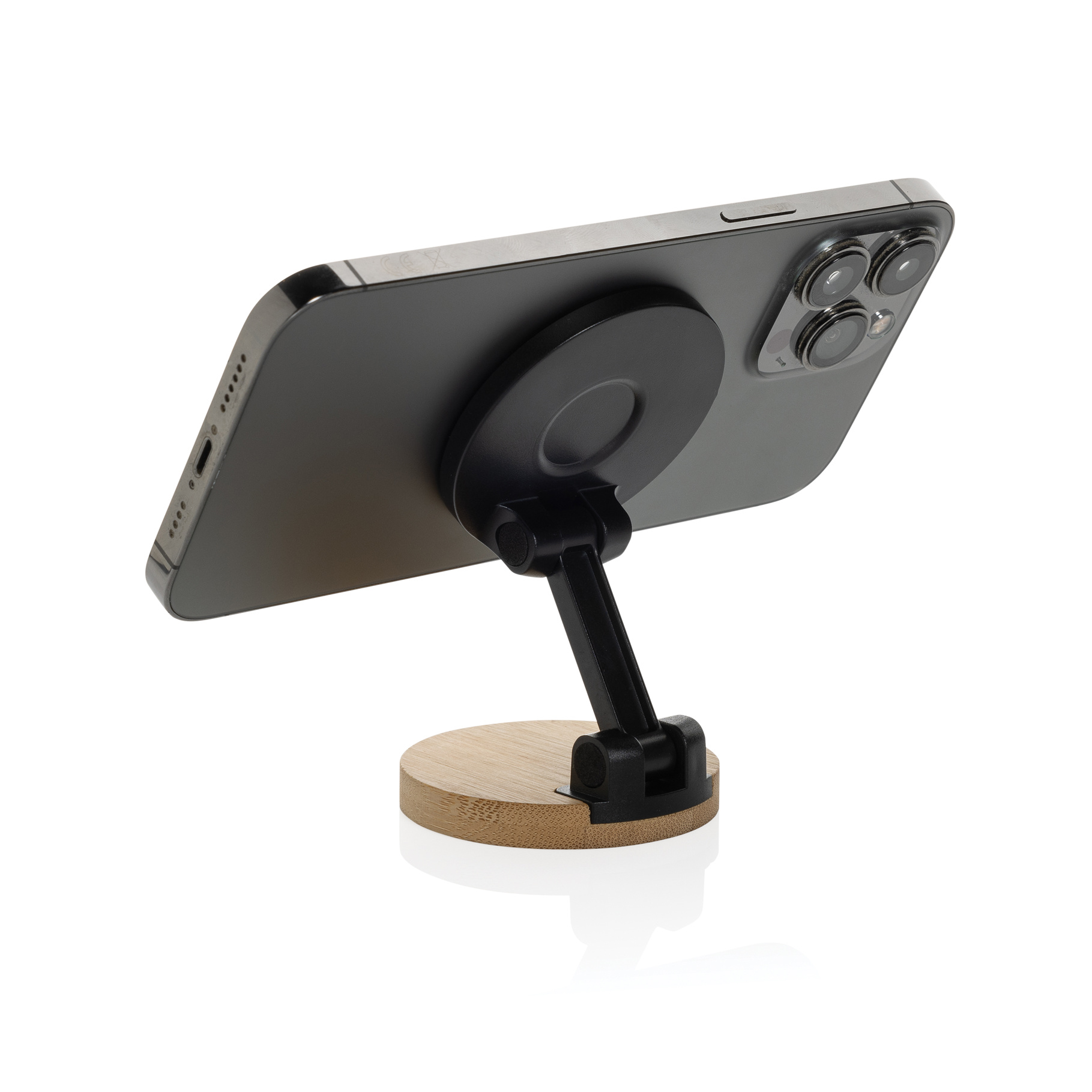 Magmount recycled bamboo and plastic phone stand in use
