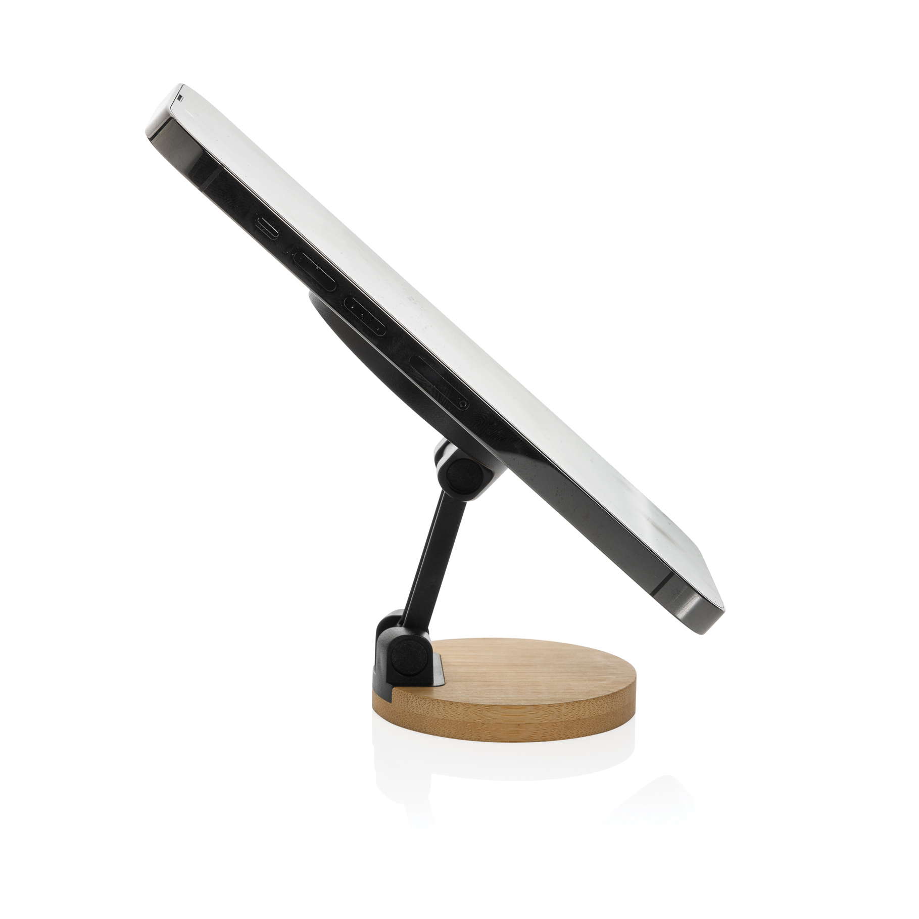 Magmount recycled bamboo and plastic phone stand in use	