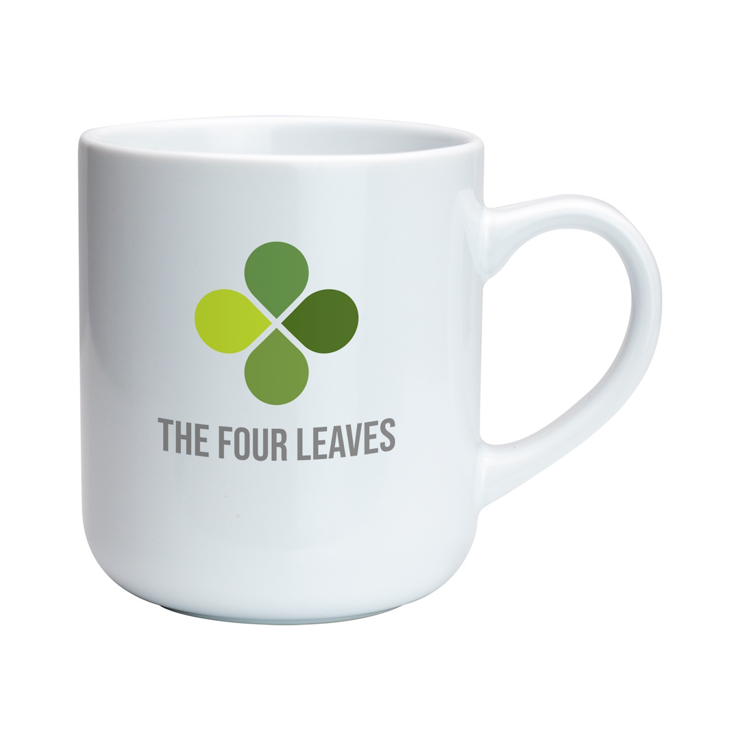 white clover mug with print to the front