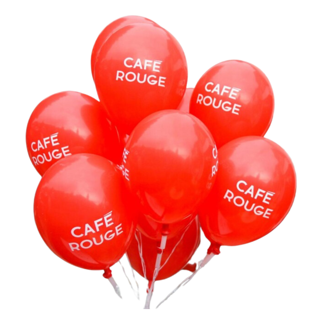 red latex balloons with cafe rouge logo printed in white