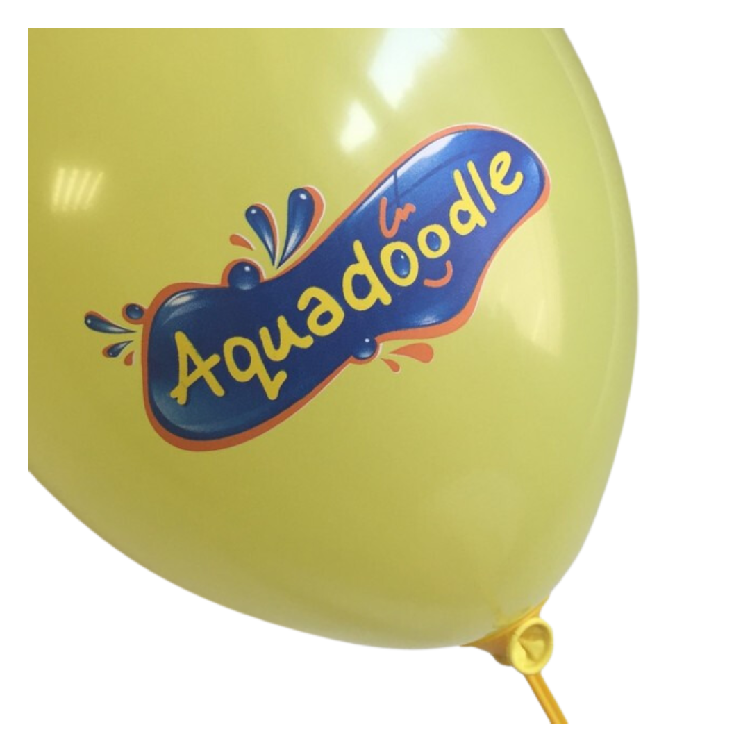 yellow latex balloon with aquadoodle logo printed