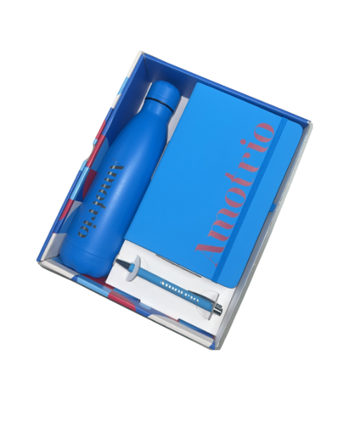 mood branded gift set in blue with a bottle notebook and pen