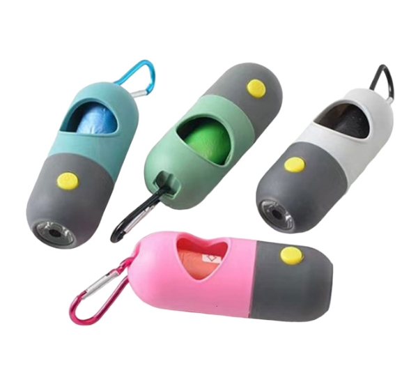 Poo bag dispenser with torch in blue, pink, green, grey