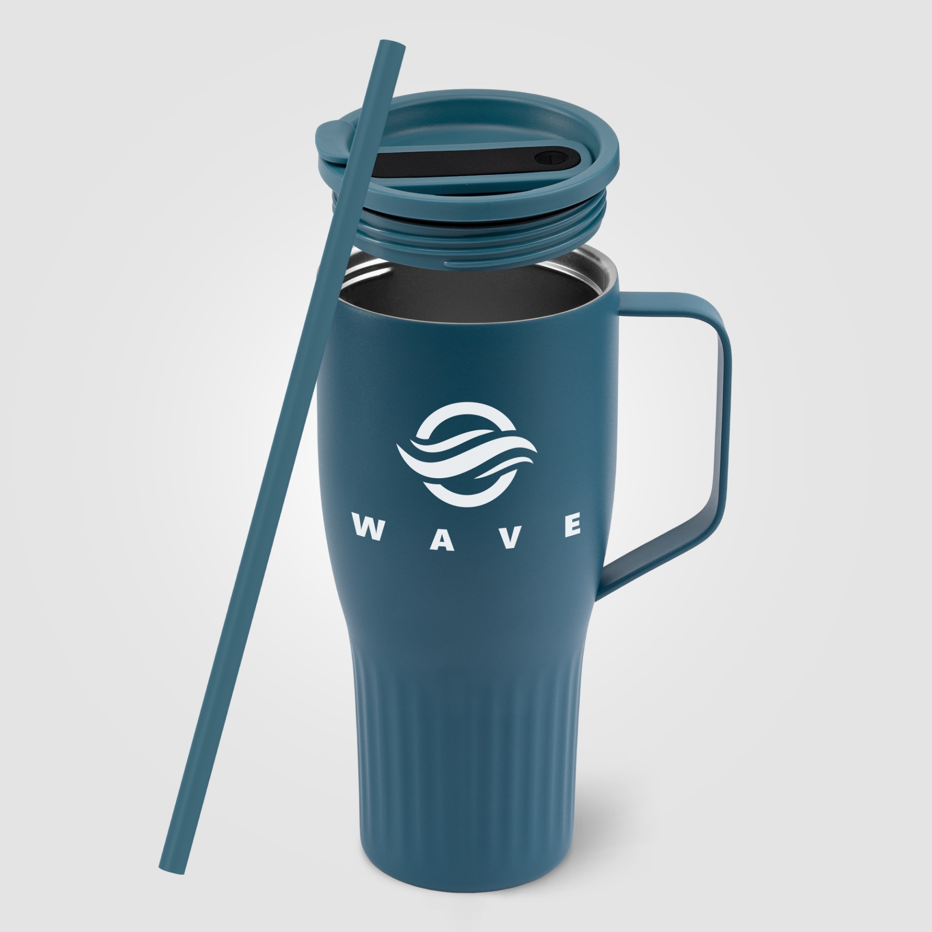 Steel blue recycled steel tumbler with print and open with components
